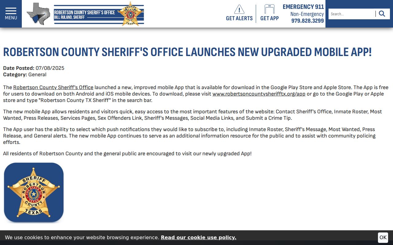Robertson County active warrant reference: sheriff mobile app announcement