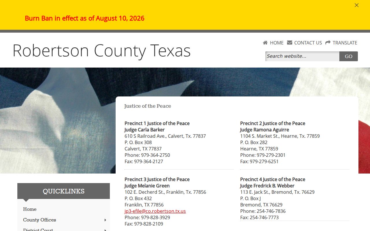 Robertson County traffic warrant reference: four JP precinct contacts