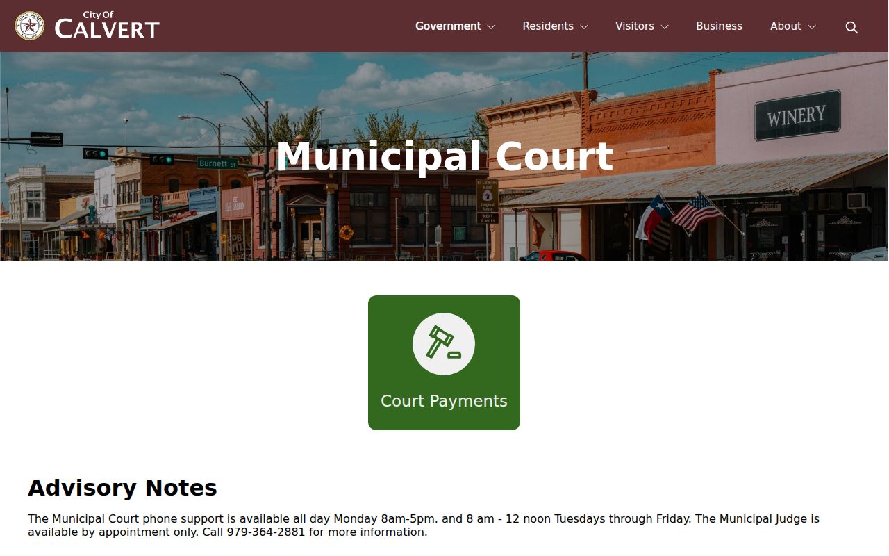 Calvert Municipal Court support and appointment information for warrant records