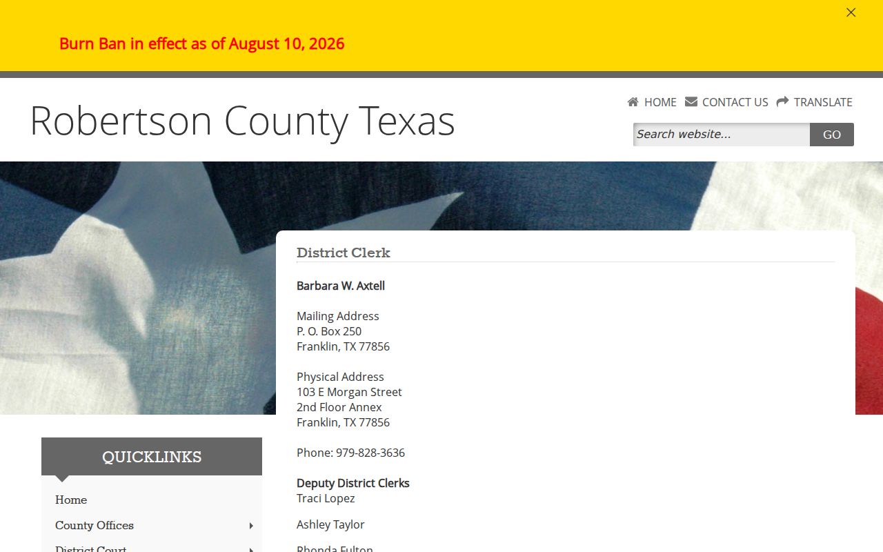 Robertson County warrant search reference: District Clerk annex and docket links