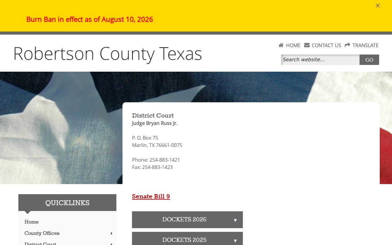 Robertson County bench warrant reference: 82nd District Court and judge contact