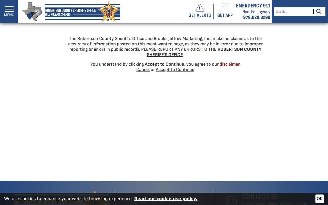 Robertson County Most Wanted disclaimer about warrant information