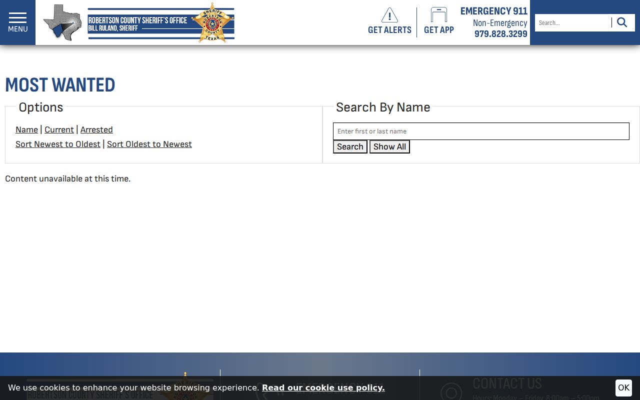 Robertson County sheriff Most Wanted interface and warrant search controls