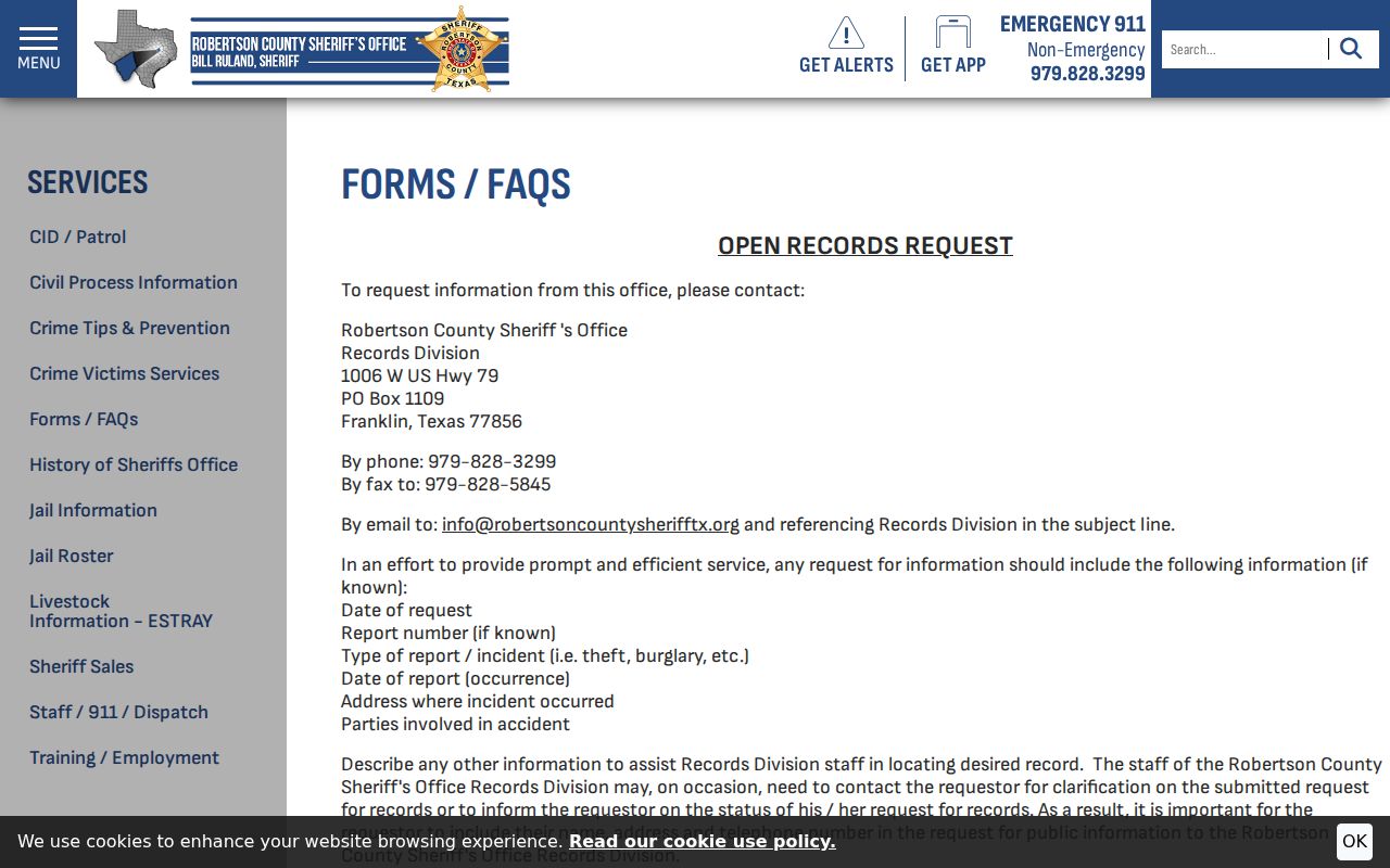 Robertson County Sheriff's Office records request form for county warrant records